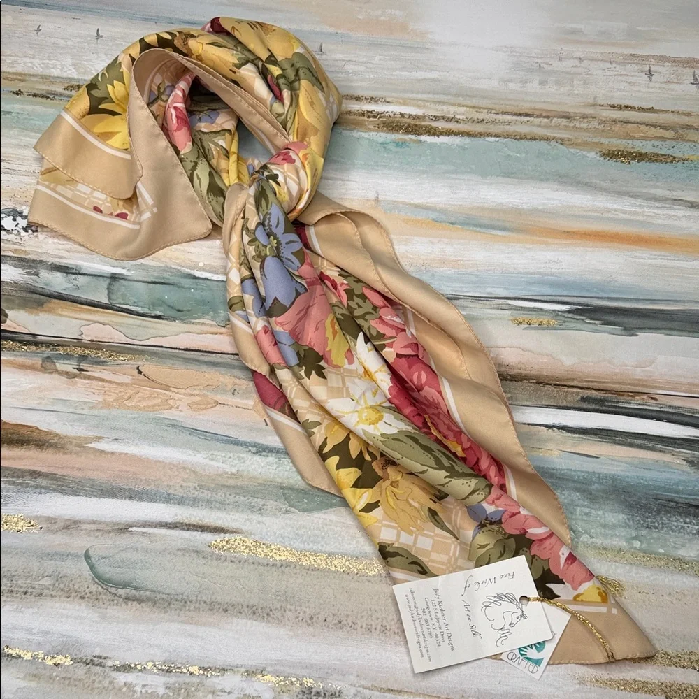Elegant Floral Silk Scarf in Gold and Multicolor